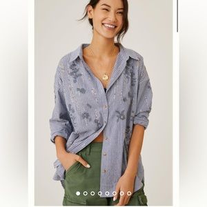 ANTHROPOLOGIE PILCRO striped embroidered beaded button down long sleeve shirt